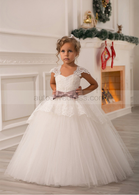 Ivory Lace Tulle Cap Sleeves Long Princess Flower Girl Dress